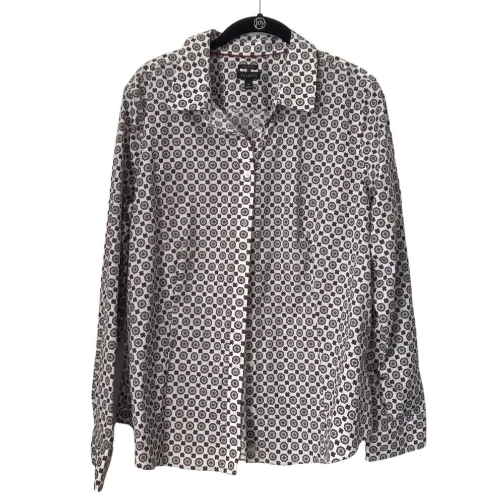 Talbots Shirt Size 16 White Geo Pattern Button Up Wrinkle Resistent Long Sleeve
